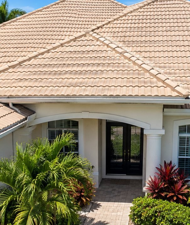 Clean tile roof after soft washing on a Southwest Florida home