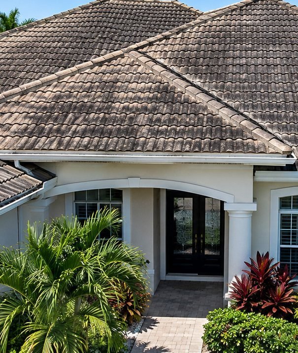 Tile roof covered in black algae streaks before soft washing